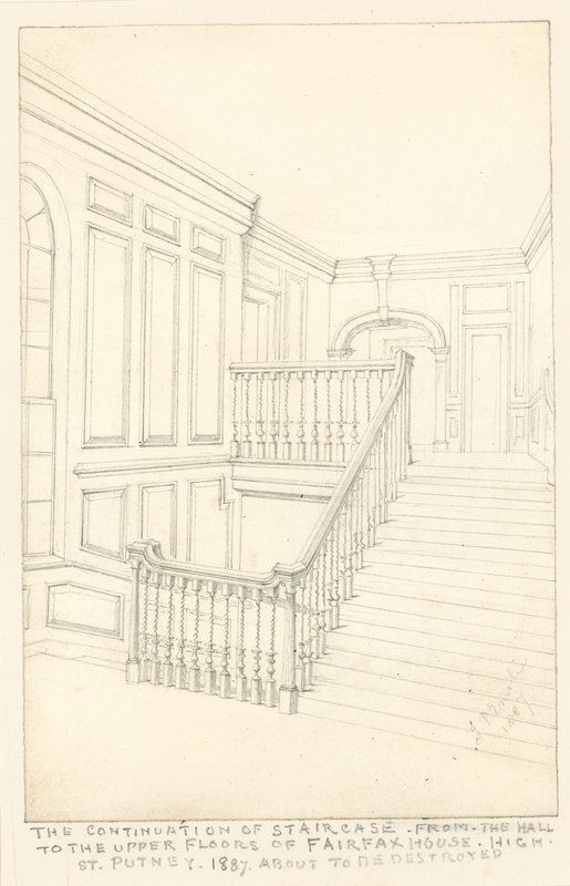 Fortsetzung der Treppe, vom Saal zu den oberen Stockwerken, Fairfax House, High Street, Putney, 1887 von John Phillipp Emslie
