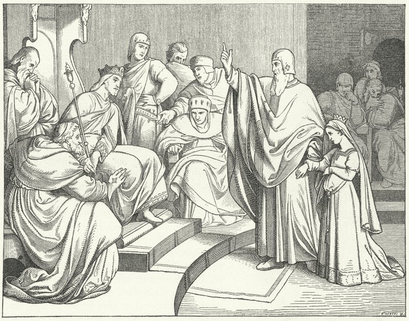 Beatrix von Hohenstaufen bittet König Otto IV. von Deutschland, den Mord an ihrem Vater, Philipp von Schwaben, zu rächen von Josef Mathias Trenkwald