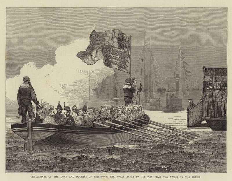 Die Ankunft des Herzogs und der Herzogin von Edinburgh, die königliche Barke auf dem Weg von der Yacht zum Ufer von Joseph Nash