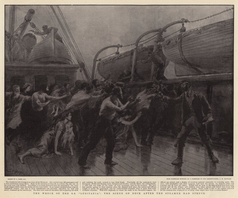 Das Wrack der SS Lusitania, die Szene an Deck nach dem Aufprall des Dampfers von Joseph Nash