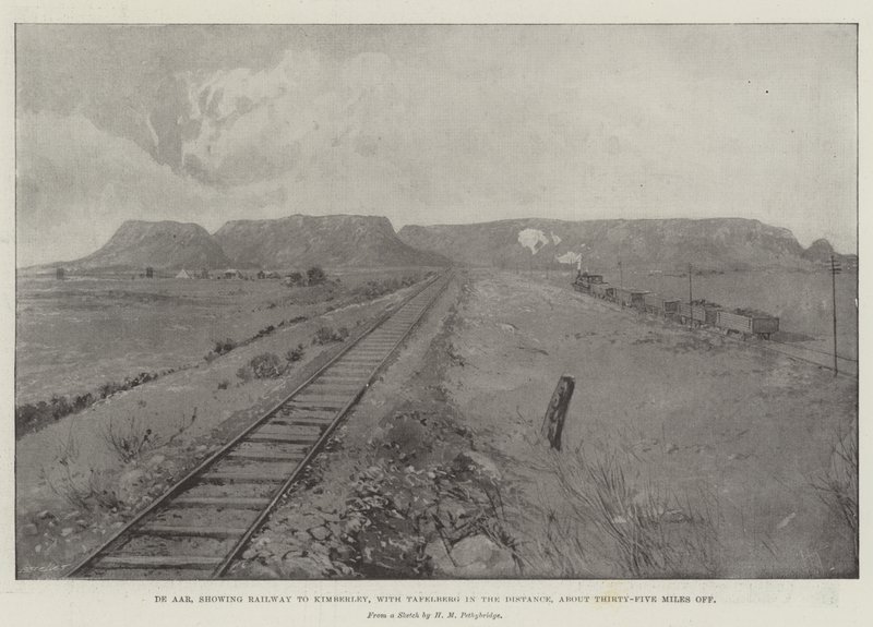 De Aar, zeigt die Eisenbahn nach Kimberley, mit Tafelberg in der Ferne, etwa fünfunddreißig Meilen entfernt von Joseph Holland Tringham