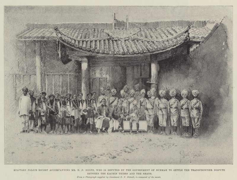 Militärpolizei-Eskorte begleitet Mr. H. F. Hertz, der von der Regierung von Burma beauftragt wurde, den Grenzstreit zwischen den Kachin-Stämmen und den Shans zu regeln von Joseph Holland Tringham