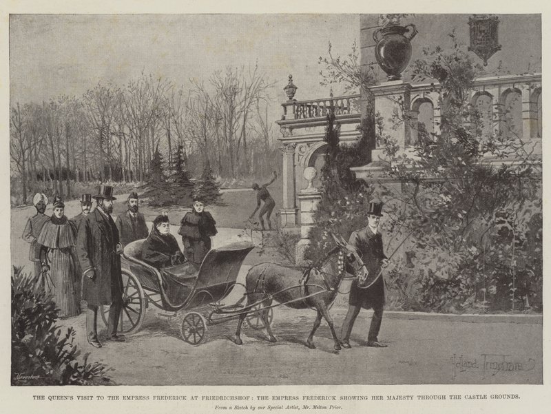 Der Besuch der Königin bei der Kaiserin Friedrich in Friedrichshof, die Kaiserin Friedrich zeigt Ihrer Majestät die Schlossanlagen von Joseph Holland Tringham