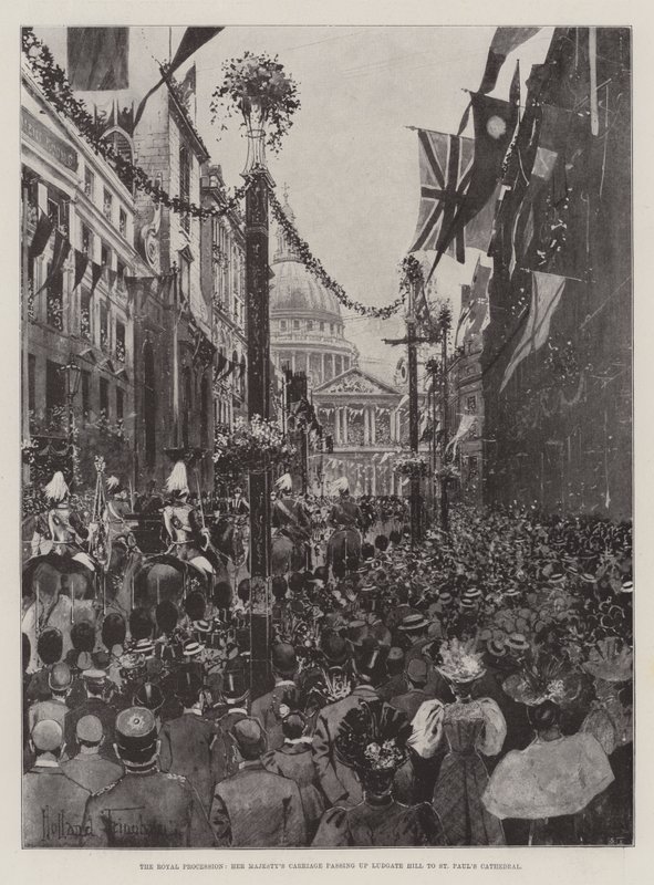 Die königliche Prozession, die Kutsche Ihrer Majestät passiert Ludgate Hill auf dem Weg zur St. Paul