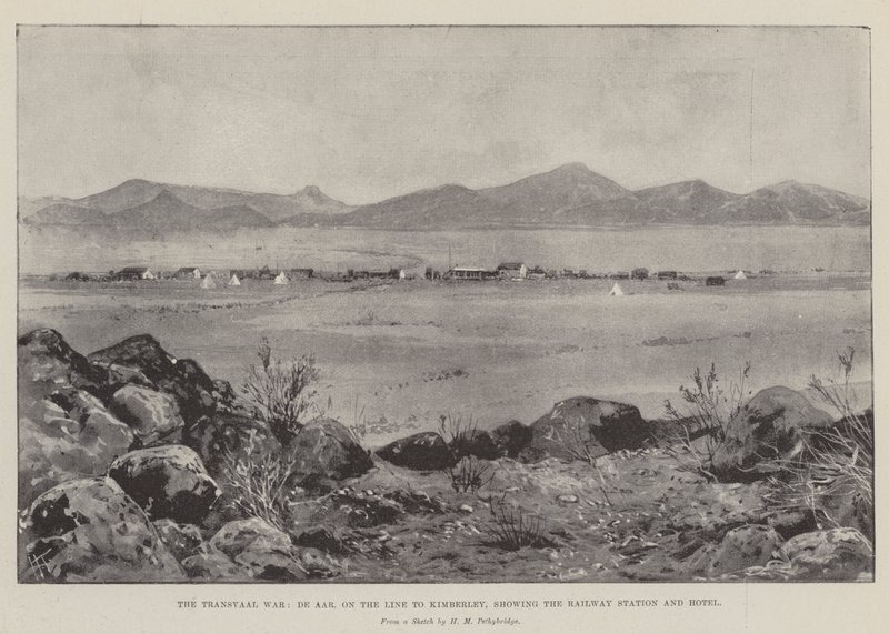 Der Transvaal-Krieg, De Aar, auf der Linie nach Kimberley, zeigt den Bahnhof und das Hotel von Joseph Holland Tringham