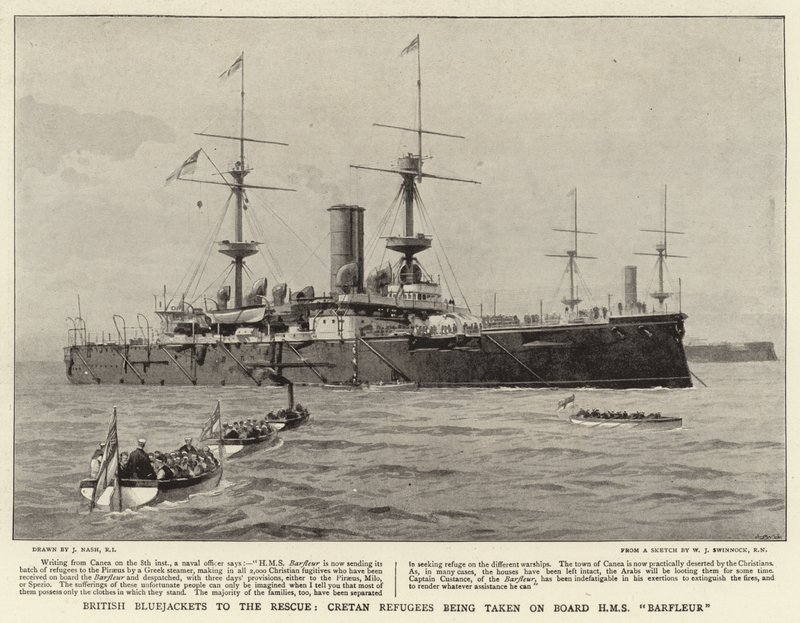 Britische Matrosen zur Rettung, kretische Flüchtlinge werden an Bord der HMS Barfleur gebracht von Joseph Nash