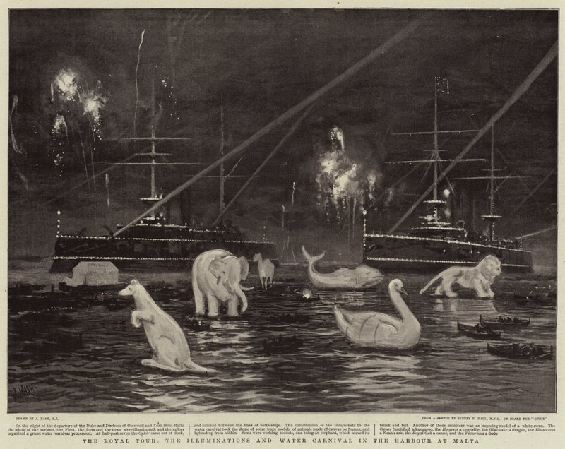 Die königliche Tour, die Beleuchtungen und der Wasserkarneval im Hafen von Malta von Joseph Nash