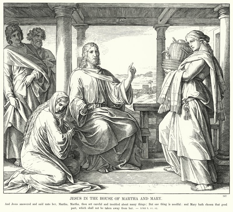 Jesus im Haus von Martha und Maria (Gravur) von Julius (after) Schnorr von Carolsfeld