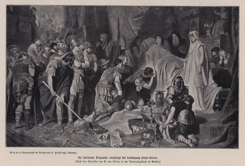 Der sterbende Alexander der Große empfängt die Huldigung seiner Armee, Babylon, 323 v. Chr. von Karl Theodor von Piloty