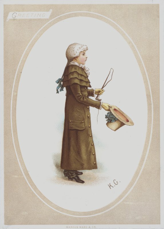 Junge im langen braunen Mantel, mit Perücke, Hut und Jagdpeitsche von Kate (after) Greenaway