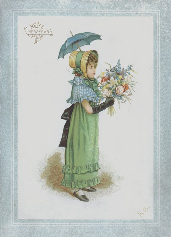Mädchen im grünen Kleid, hält Sonnenschirm und Blumenstrauß von Kate Greenaway