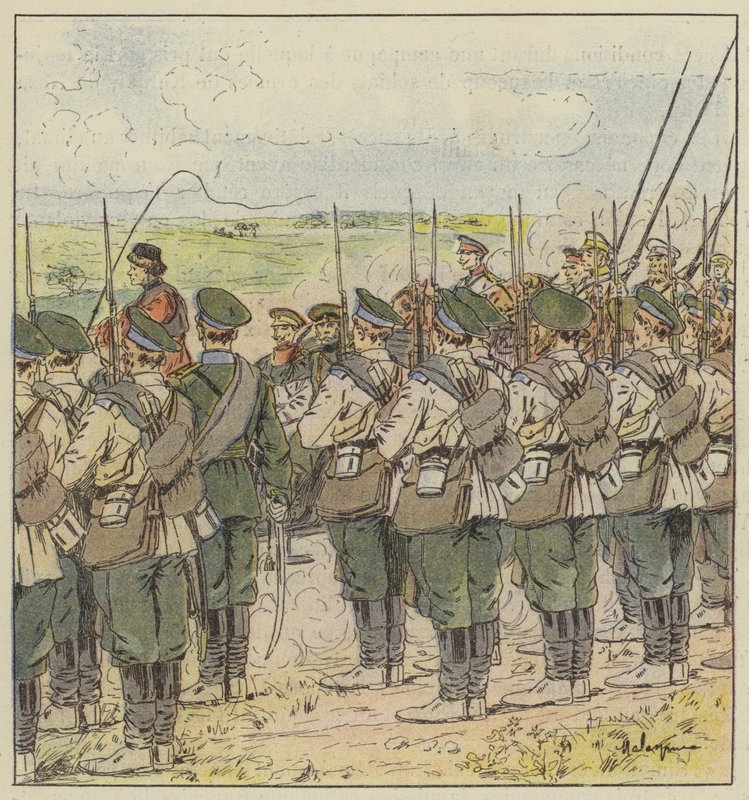 Die russischen Truppen erweisen einem Generaloffizier die Ehre von L. Malespine