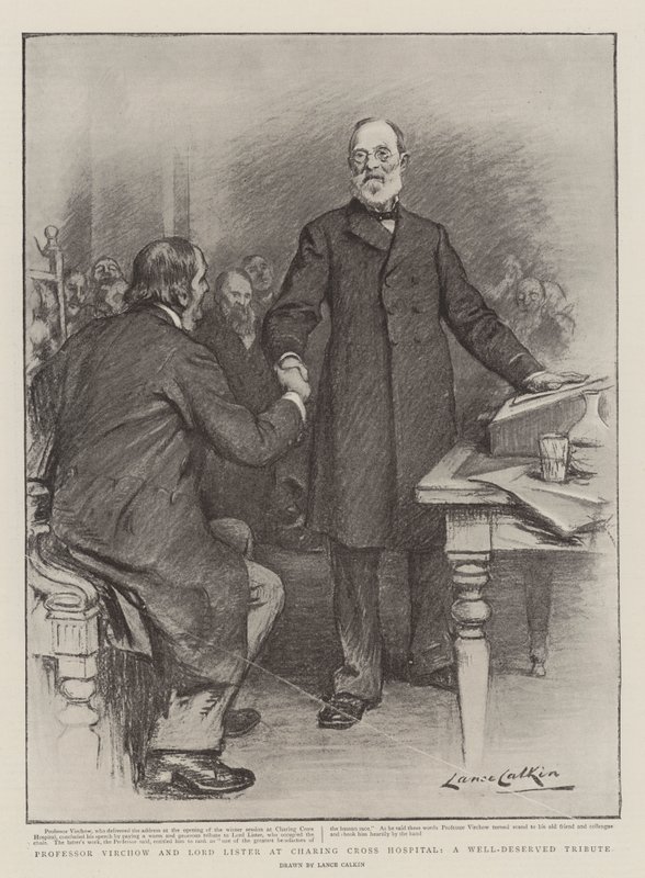 Professor Virchow und Lord Lister im Charing Cross Hospital, eine wohlverdiente Ehrung von Lance Calkin