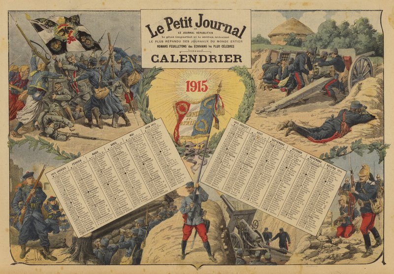 Kalender für 1915 mit Schlachtszenen des Ersten Weltkriegs von Louis Charles (after) Bombled
