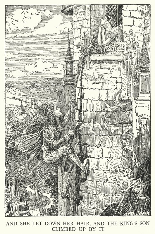 Und sie ließ ihr Haar herunter, und der Königssohn kletterte daran hinauf (Lithografie) von Louis John Rhead