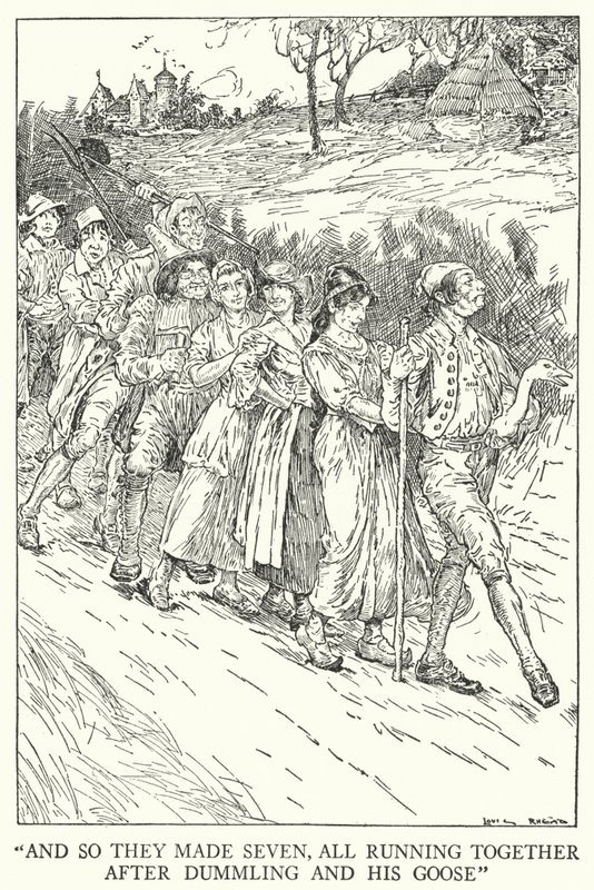 "Und so machten sie sieben, die alle zusammen hinter Dummling und seiner Gans herliefen" (Lithografie) von Louis John Rhead