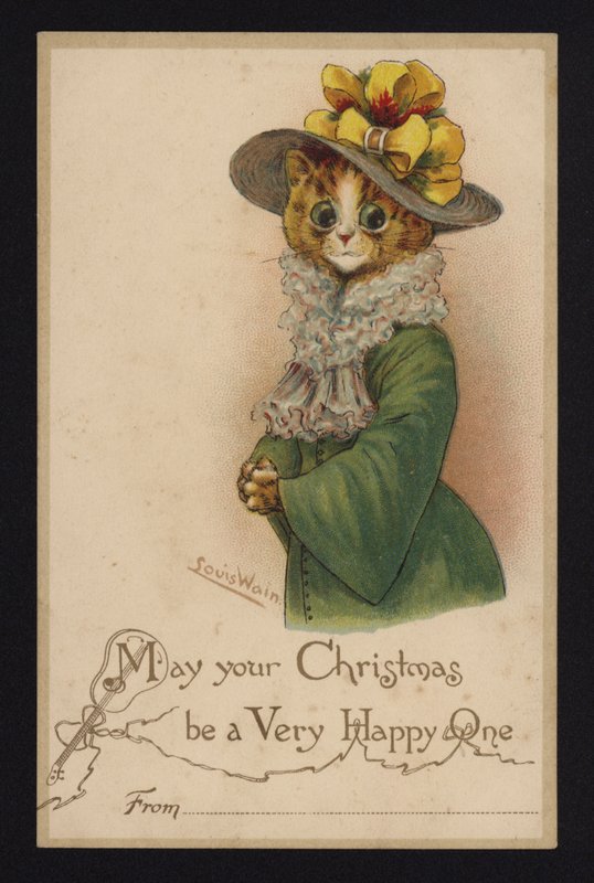 Katze mit Damenhut und Mantel, Weihnachtsgrußkarte (Chromolithographie) von Louis Wain