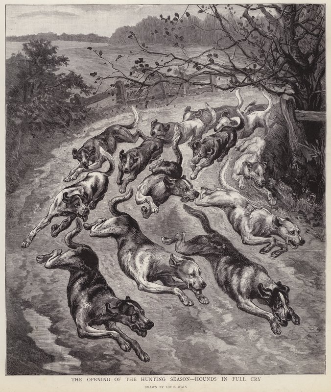 Hunde in vollem Lauf zu Beginn der Jagdsaison von Louis Wain