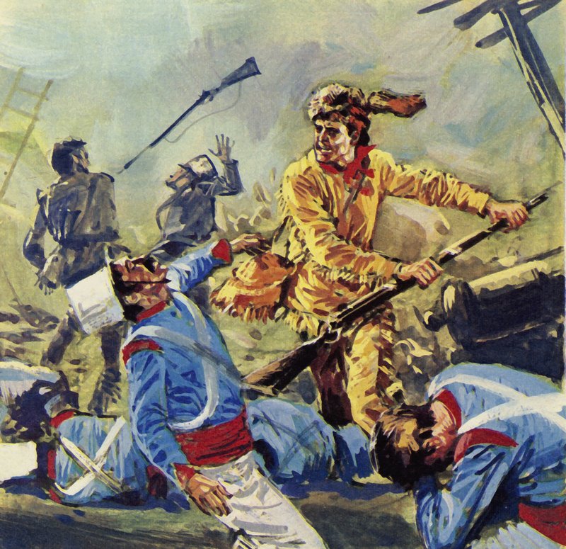 Davy Crockett fiel schließlich den unaufhörlichen mexikanischen Angriffen zum Opfer (Farblithografie) von Luis Arcas Brauner