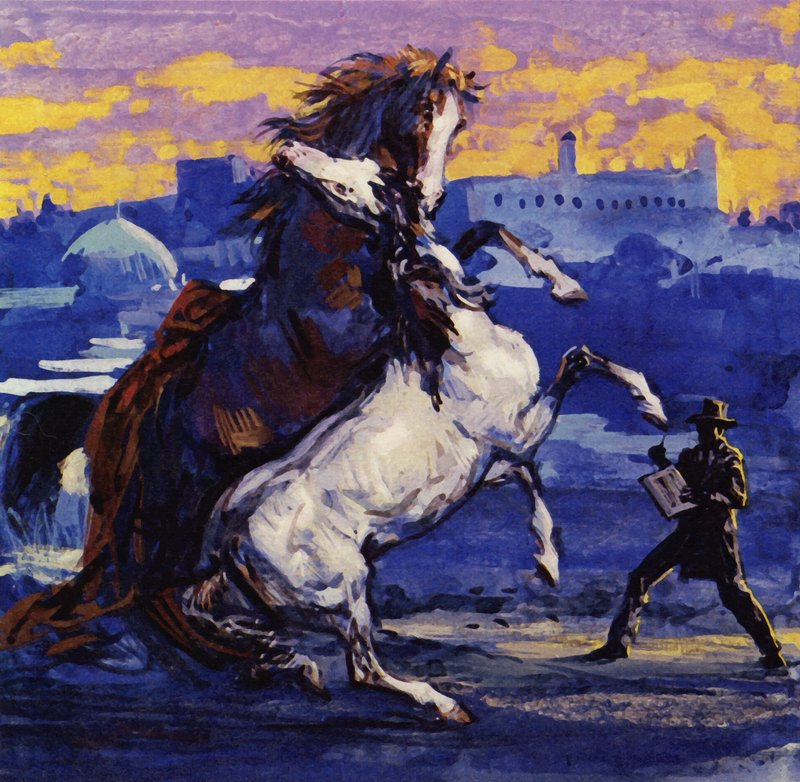 Delacroix sah zwei wilde Hengste kämpfen und skizzierte die Szene, ohne auf das Risiko zu achten von Luis Arcas Brauner
