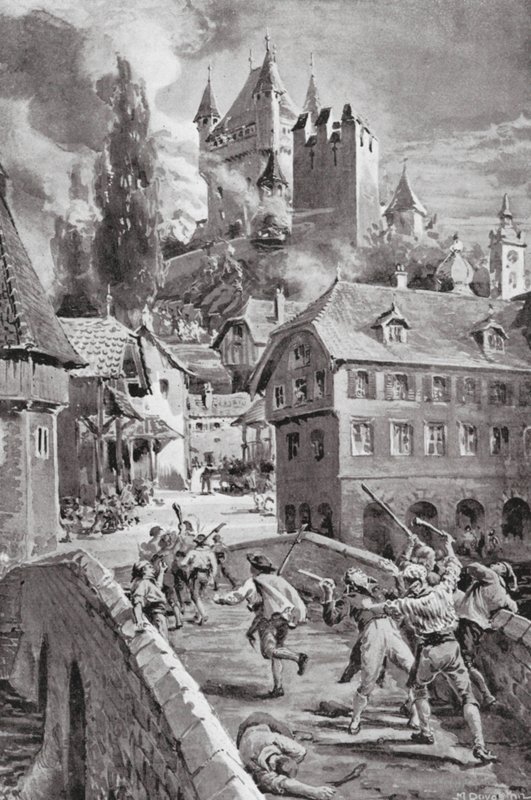 Die Verbrennung der Burg Wadenschwyl im Jahr 1804 von Margaret (after) Dovaston