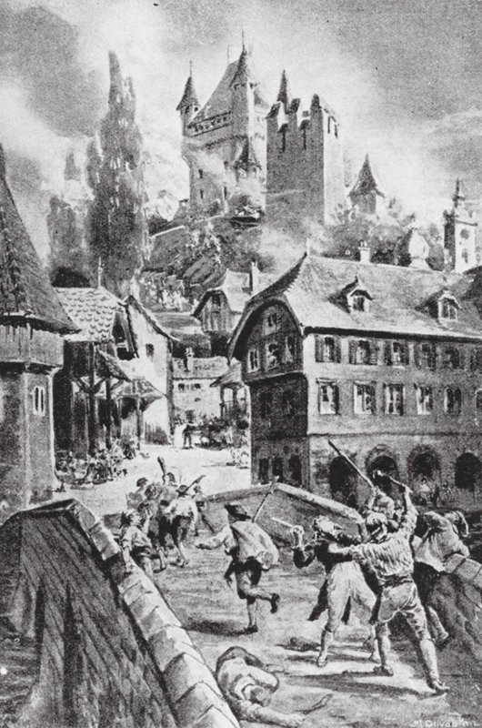 Die Verbrennung des Schlosses von Wadenschwyl im Jahr 1804 von Margaret (after) Dovaston
