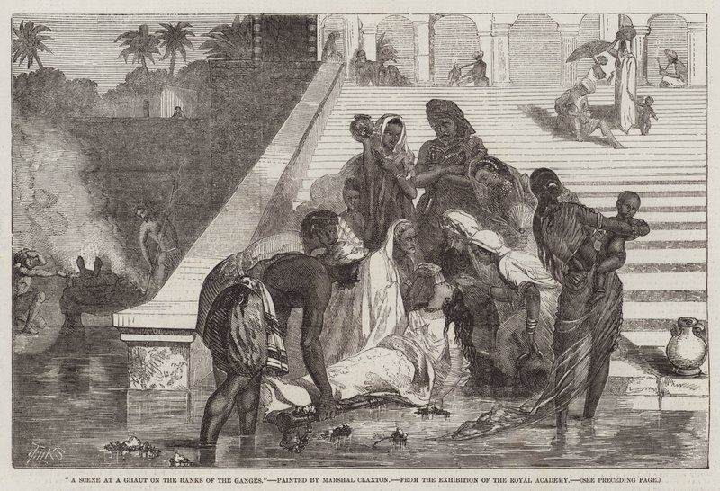 Eine Szene an einem Ghat am Ufer des Ganges, aus der Ausstellung der Royal Academy von Marshall Claxton