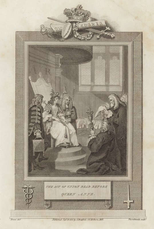 Die Act of Union vor Königin Anne verlesen von Mather Brown