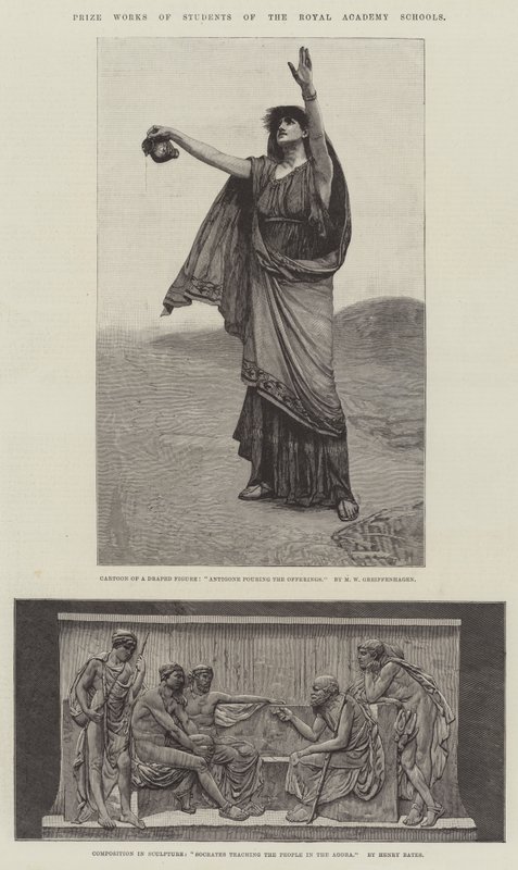 Preiswerke der Studenten der Royal Academy Schools. Illustration für The Illustrated London News, 5. Januar 1884 von Maurice Greiffenhagen