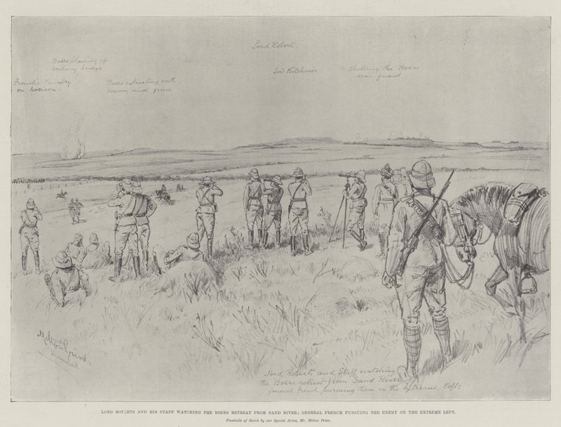 Lord Roberts und sein Stab beobachten den Rückzug der Buren vom Sand River; General French verfolgt den Feind am äußersten linken Flügel von Melton Prior