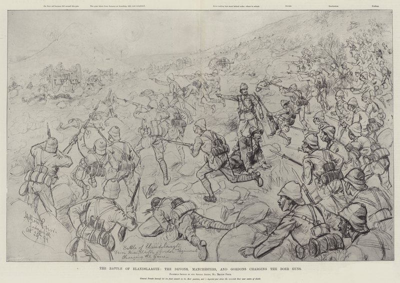 Die Schlacht von Elandslaagte, die Devons, Manchesters und Gordons stürmen die Burenkanonen von Melton Prior