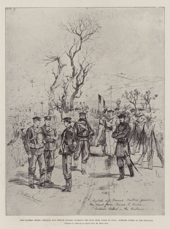 Die östliche Krise, englische und französische Matrosen bewachen die Straße von Canea nach Suda, türkische Patrouille in der Ferne von Melton Prior
