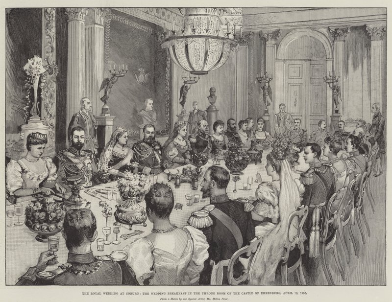 Die königliche Hochzeit in Coburg, das Hochzeitsfrühstück im Thronsaal des Schlosses Ehrenburg, 19. April 1894 von Melton Prior