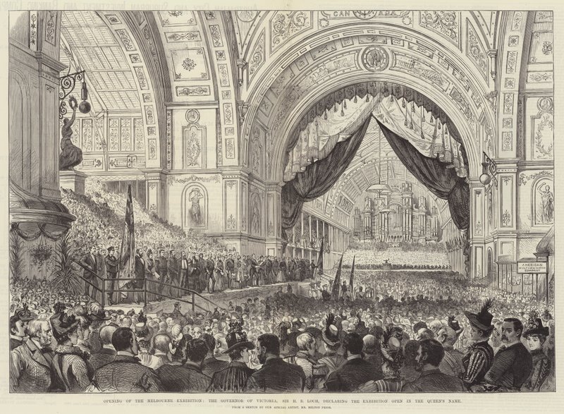 Eröffnung der Melbourne-Ausstellung, der Gouverneur von Victoria, Sir H. B. Loch, erklärt die Ausstellung im Namen der Königin für eröffnet von Melton Prior