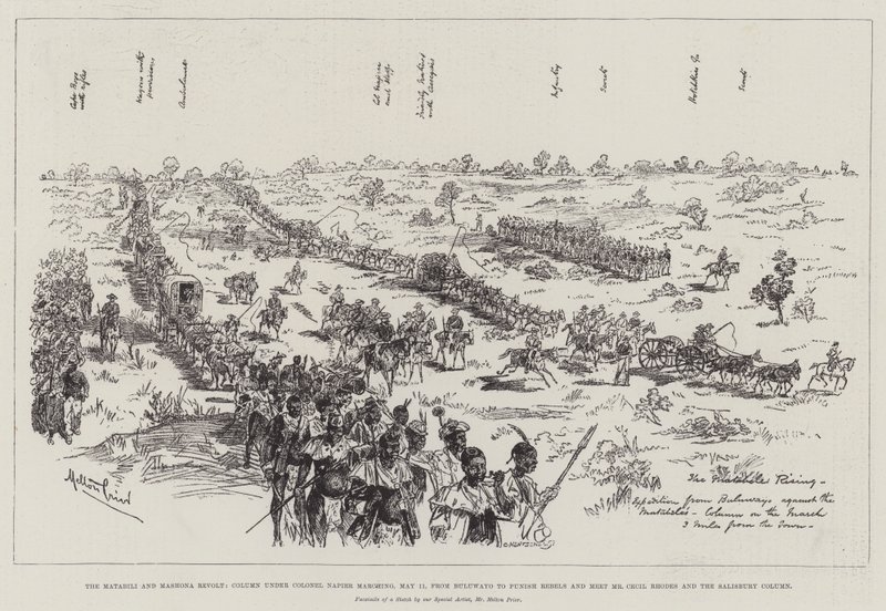 Der Matabili- und Mashona-Aufstand, Kolonne unter Oberst Napier marschiert am 11. Mai von Buluwayo, um Rebellen zu bestrafen und Mr. Cecil Rhodes und die Salisbury-Kolonne zu treffen von Melton Prior
