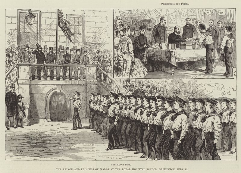 Der Prinz und die Prinzessin von Wales an der Royal Hospital School, Greenwich, 10. Juli von Melton Prior