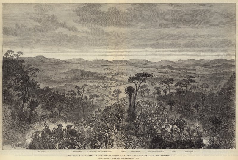 Der Zulukrieg, Vormarsch der britischen Truppen auf Ulundi, die Kraal des Königs in der Ferne von Melton Prior