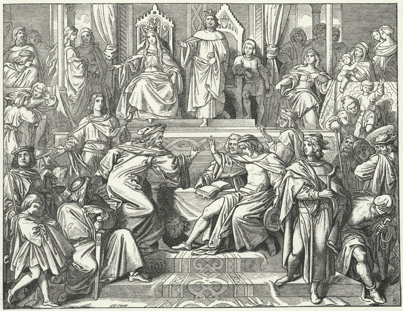 Der Sängerkrieg, ein Wettstreit zwischen Minnesängern auf der Wartburg in Thüringen im Jahr 1207 von Moritz Ludwig von Schwind