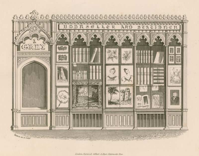 Gotisches Ladenfrontdesign für einen Buchhändler und Schreibwarenhändler, entworfen zur Umgehung von Mietbeschränkungen für eine normale Ladenfront von Nathaniel Whittock