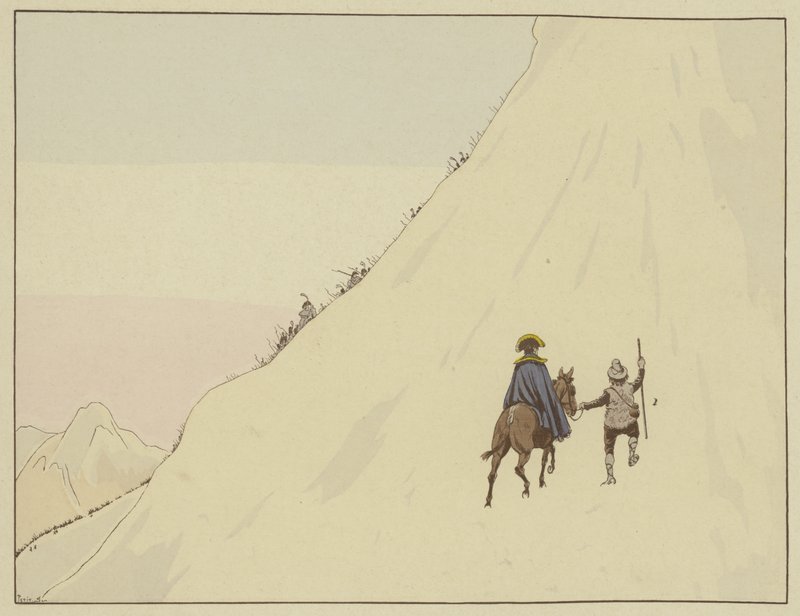 Napoleon überquerte den Mont St. Bernard auf einem Maultier, geführt von einem jungen Mann, den er großzügig belohnte, 16. Mai 1800 von Onfray de Breville Job