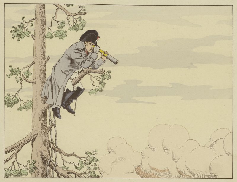 Napoleon beobachtet die Schlacht von Aspern-Essling von der Spitze eines Baumes auf der Insel Lobau, 22. Mai 1809 von Onfray de Breville Job