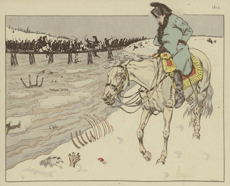 Napoleon beobachtet die Überquerung des Flusses Beresina durch die Reste seiner Großen Armee auf dem Rückzug aus Moskau, 1812 von Onfray de Breville Job