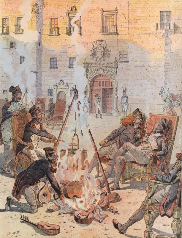 Napoleon beobachtet einige seiner Truppen, die sich in Burgos entspannen von Onfray de Breville Job