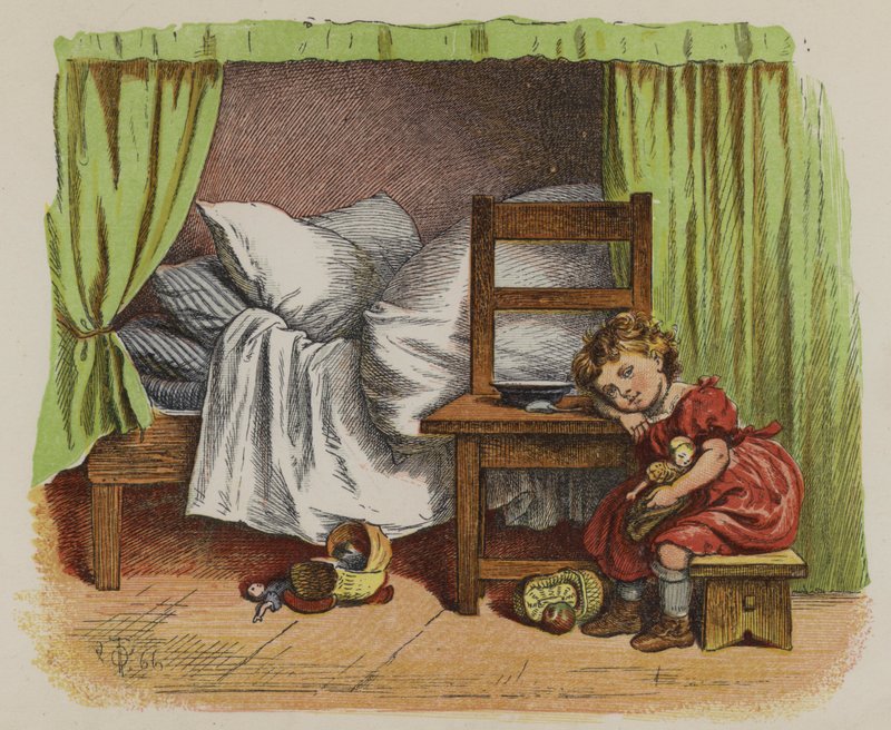 Kleines Mädchen sitzt neben ihrem Bett (Farblithografie) von Oskar Pletsch