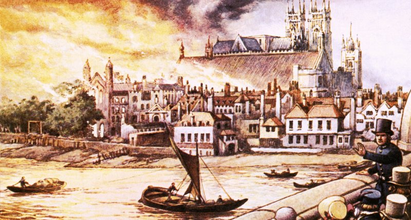Die alten Parlamentsgebäude werden 1834 durch Feuer zerstört von Pat (1907-95) Nicolle