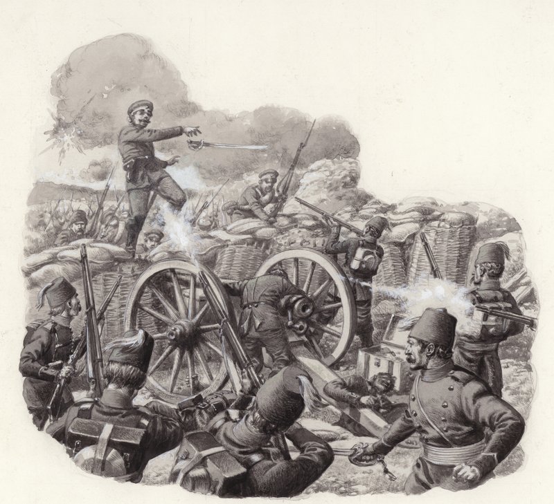 Türken verteidigen ihre beschädigten Erdwerke am Grivitza-Redoubt von Pat (1907-95) Nicolle