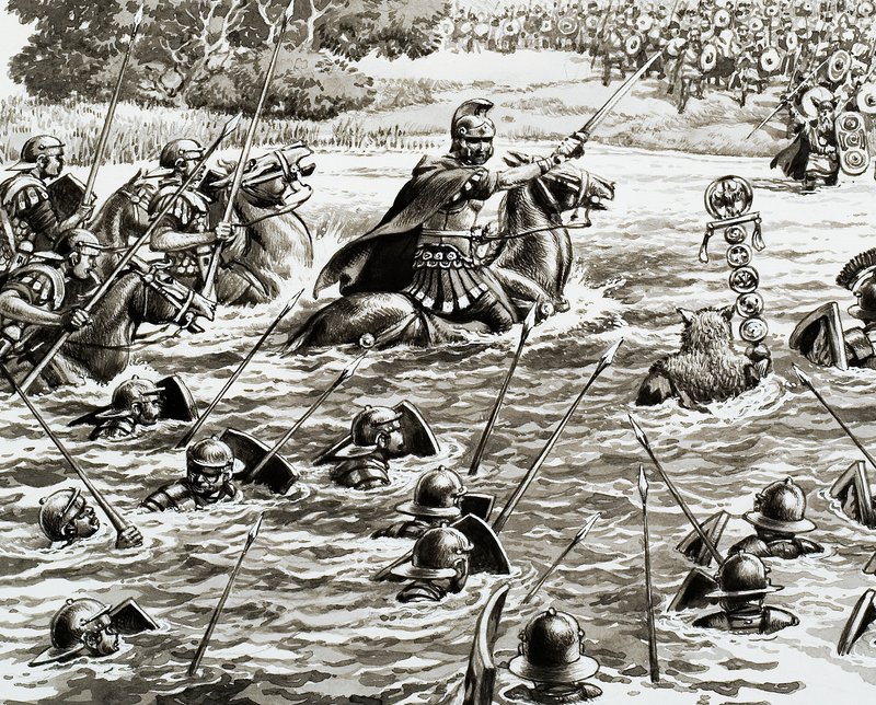 Cäsars Legionen überqueren die Themse von Pat (1907 95) Nicolle
