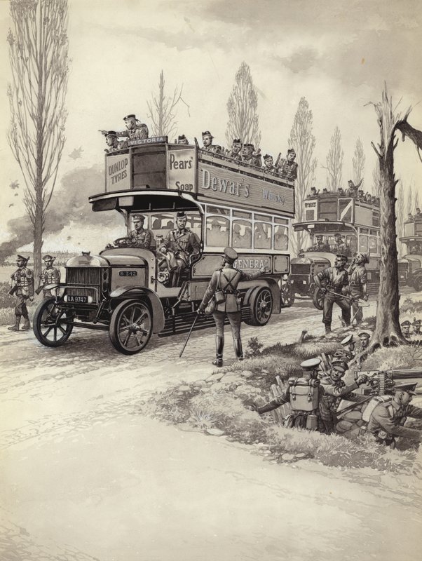 Londoner Busse transportieren Truppen an die Front während des Ersten Weltkriegs von Pat (1907 95) Nicolle