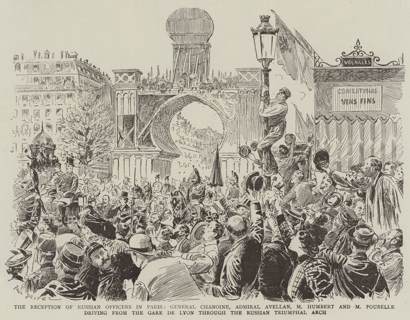 Der Empfang russischer Offiziere in Paris, General Chanoine, Admiral Avellan, M. Humbert und M. Poubelle fahren vom Gare de Lyon durch den russischen Triumphbogen von Paul Destez