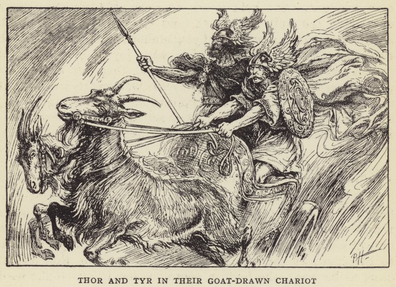 Thor und Tyr in ihrem von Ziegen gezogenen Wagen von Paul Hardy